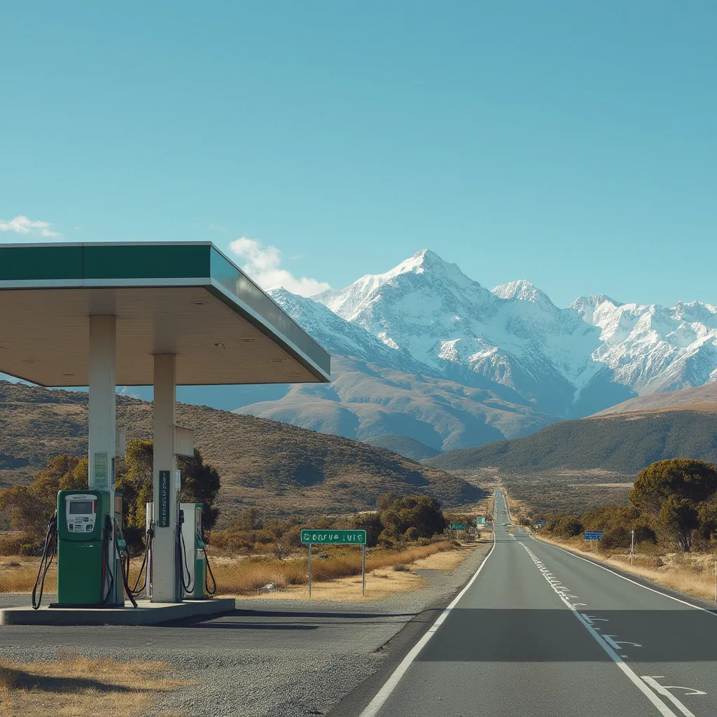 Estación de servicio en ruta patagónica con paisaje montañoso