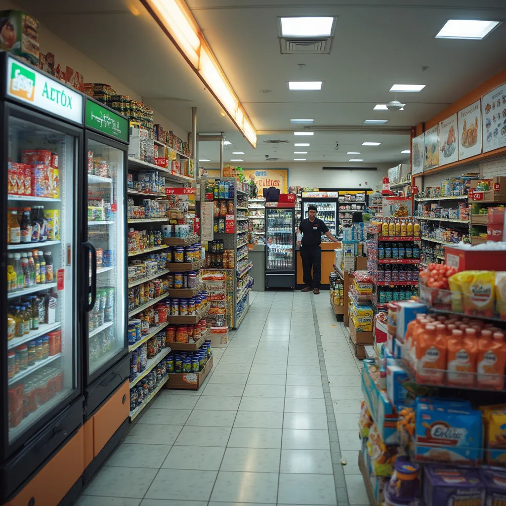 Interior de tienda de conveniencia bien surtida en estación de servicio